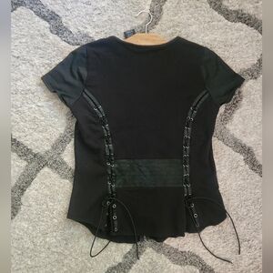 Women’s Harley Davidson Short Sleeve Zip Up Tie Faux Leather Black Top Size M